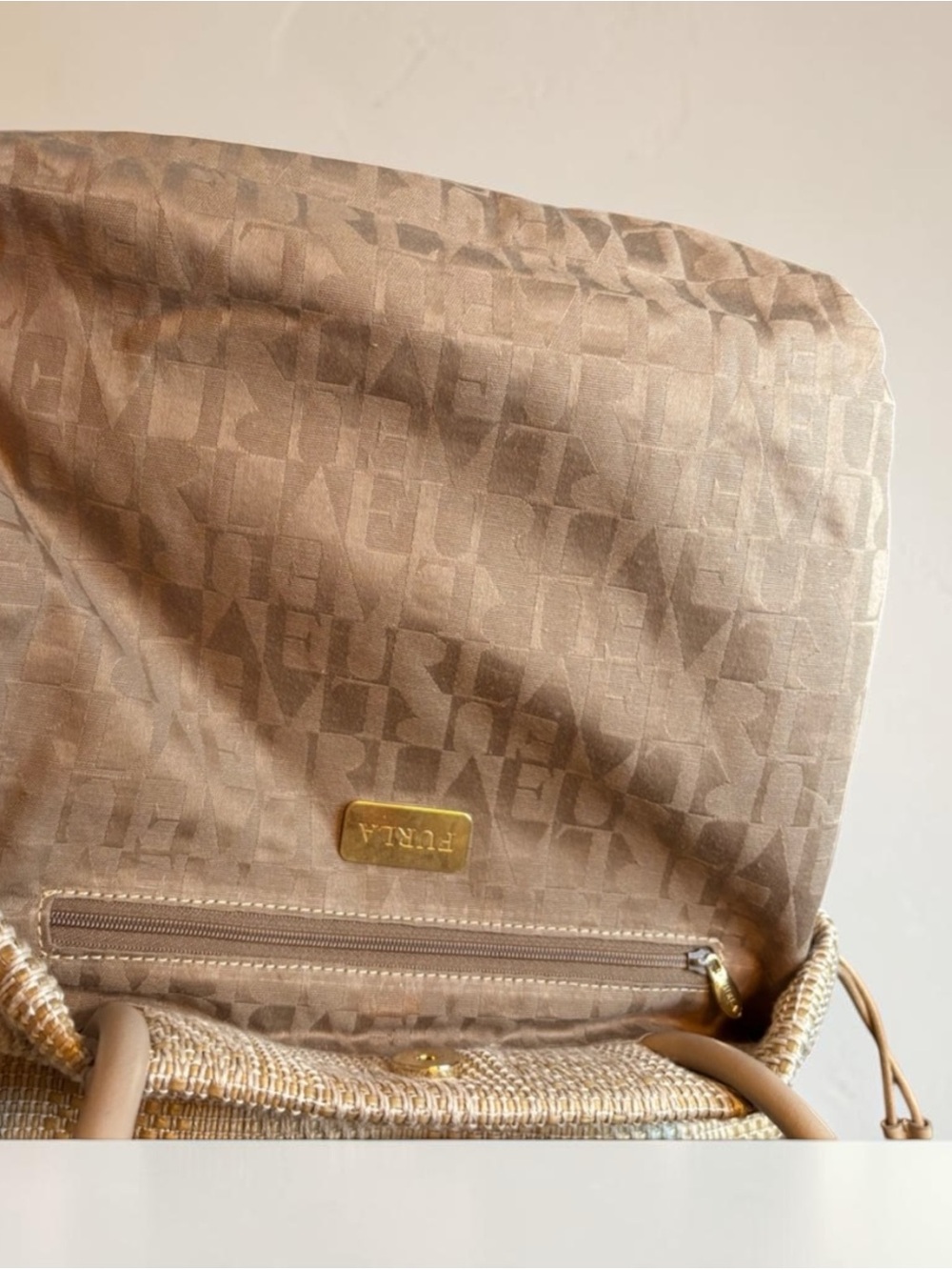 Furla Woven Drawstring Tote Bag in Beige and Cream - Picture 10 of 10